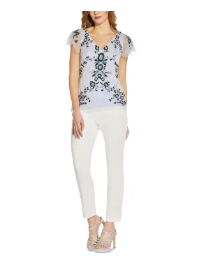 ADRIANNA PAPELL Womens Blue Embellished Sequined Zippered Lined Mesh Floral Flutter Sleeve V Neck Wear To Work Top