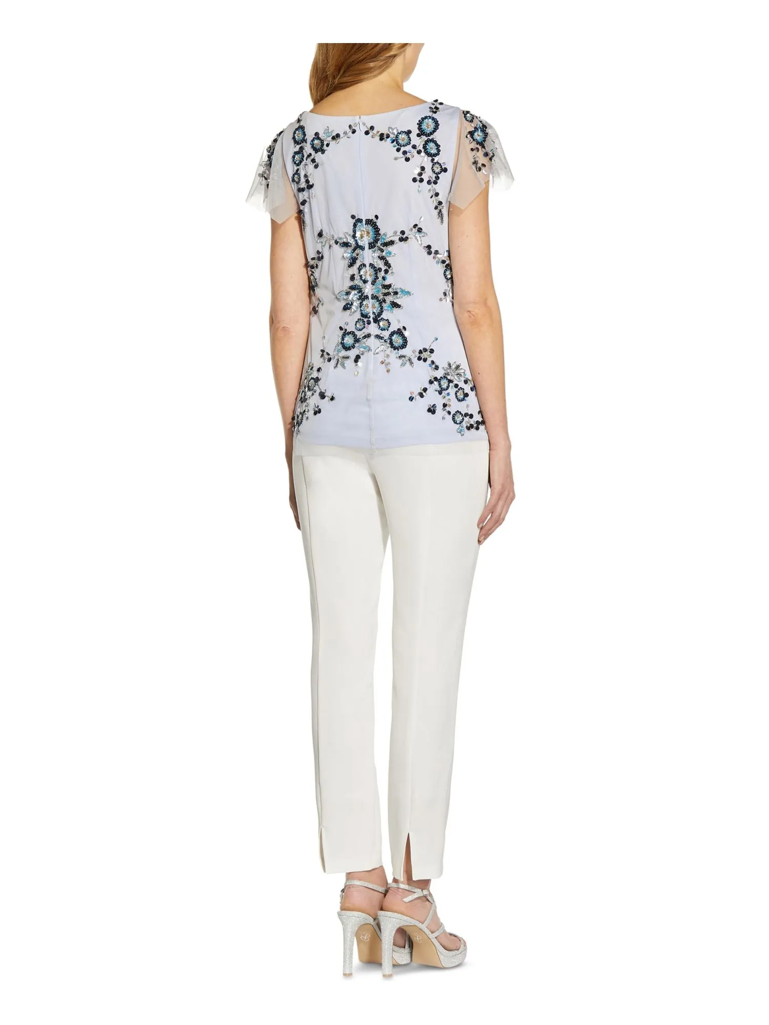 ADRIANNA PAPELL Womens Blue Embellished Sequined Zippered Lined Mesh Floral Flutter Sleeve V Neck Wear To Work Top