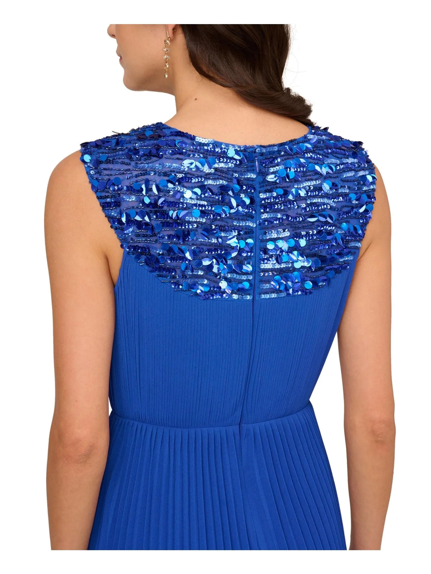 ADRIANNA PAPELL Womens Blue Pleated Zippered Lined Sleeveless Halter Above The Knee Party Fit   Flare Dress