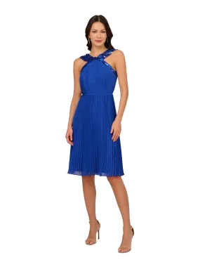 ADRIANNA PAPELL Womens Blue Pleated Zippered Lined Sleeveless Halter Above The Knee Party Fit   Flare Dress