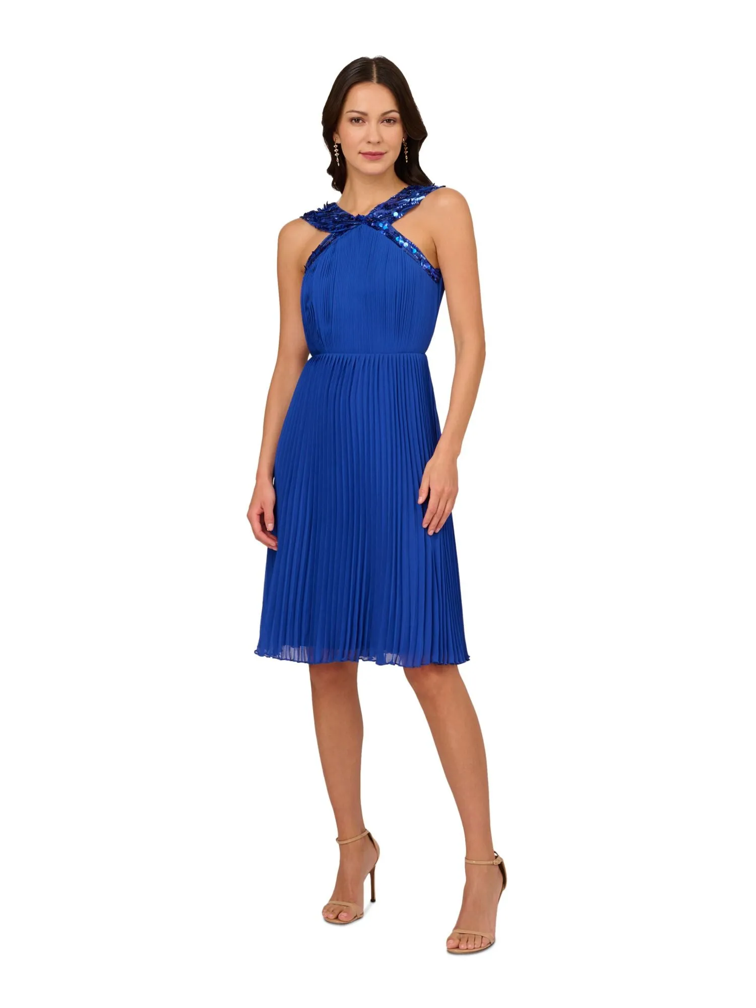 ADRIANNA PAPELL Womens Blue Pleated Zippered Lined Sleeveless Halter Above The Knee Party Fit   Flare Dress