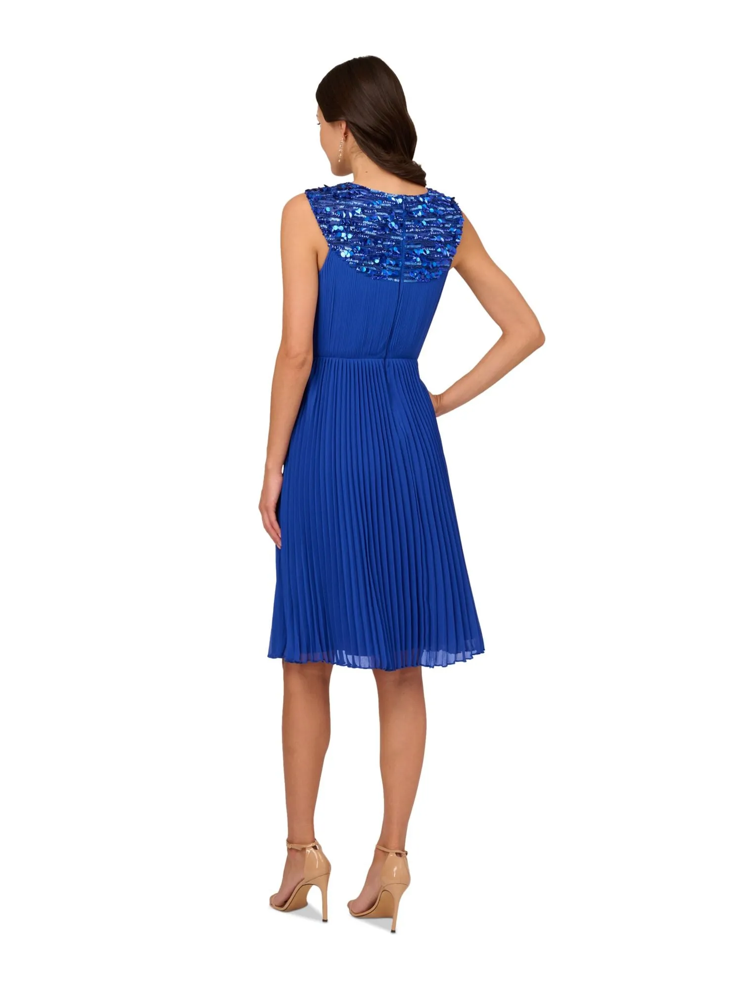 ADRIANNA PAPELL Womens Blue Pleated Zippered Lined Sleeveless Halter Above The Knee Party Fit   Flare Dress