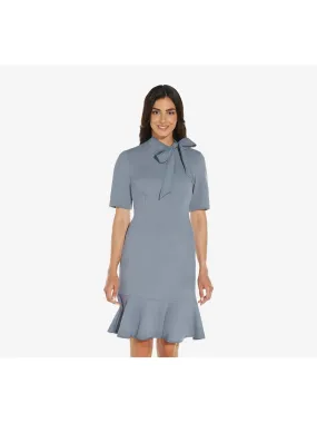 ADRIANNA PAPELL Womens Blue Stretch Zippered Darted Crepe Ruffled Hem Short Sleeve Tie Neck Above The Knee Formal Sheath Dress