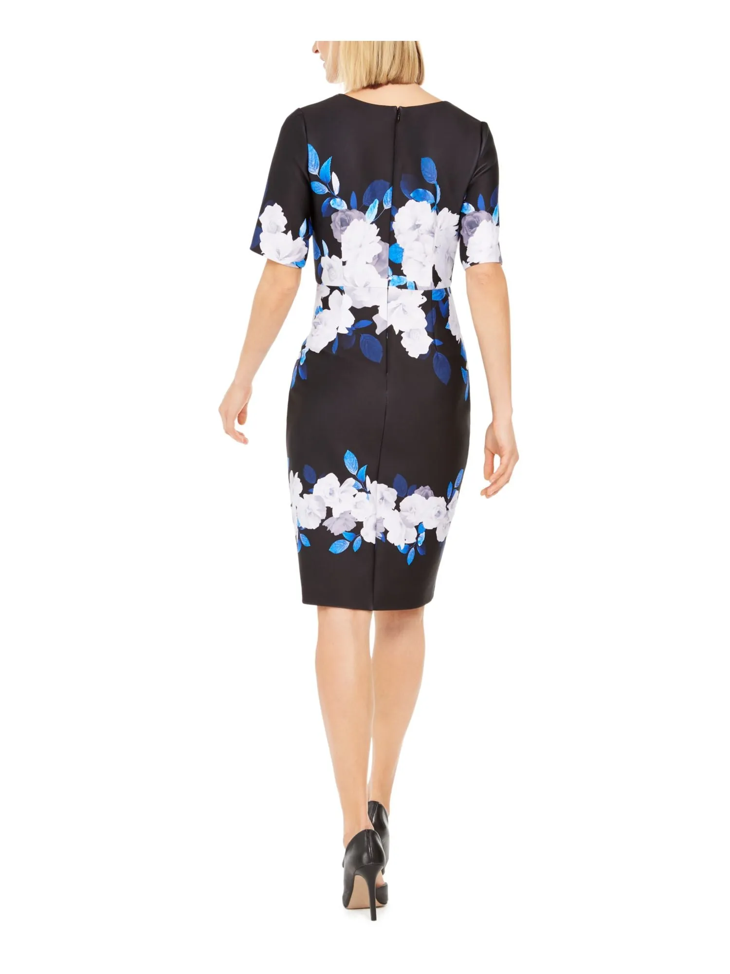 ADRIANNA PAPELL Womens Floral Short Sleeve V Neck Knee Length Evening Sheath Dress