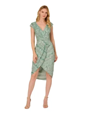 ADRIANNA PAPELL Womens Green Mesh Embellished Zippered Lined Cap Sleeve Surplice Neckline Midi Party Faux Wrap Dress