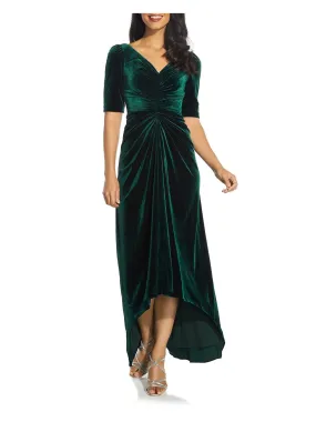 ADRIANNA PAPELL Womens Green Stretch Ruched Zippered Lined Elbow Sleeve V Neck Full-Length Formal Hi-Lo Dress