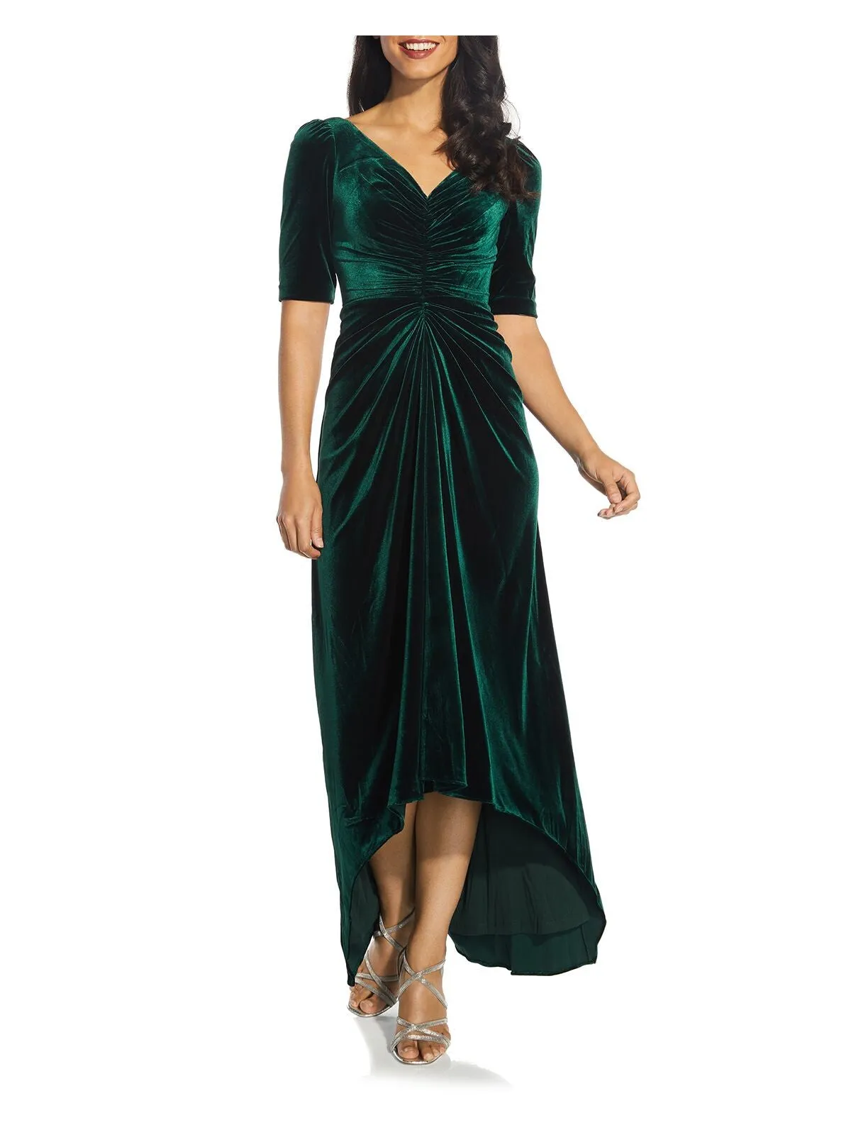 ADRIANNA PAPELL Womens Green Stretch Ruched Zippered Lined Elbow Sleeve V Neck Full-Length Formal Hi-Lo Dress