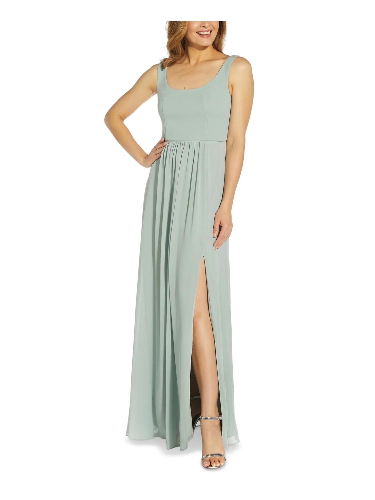 ADRIANNA PAPELL Womens Green Stretch Slitted Zippered Sheer Lined Sleeveless Square Neck Full-Length Evening Gown Dress