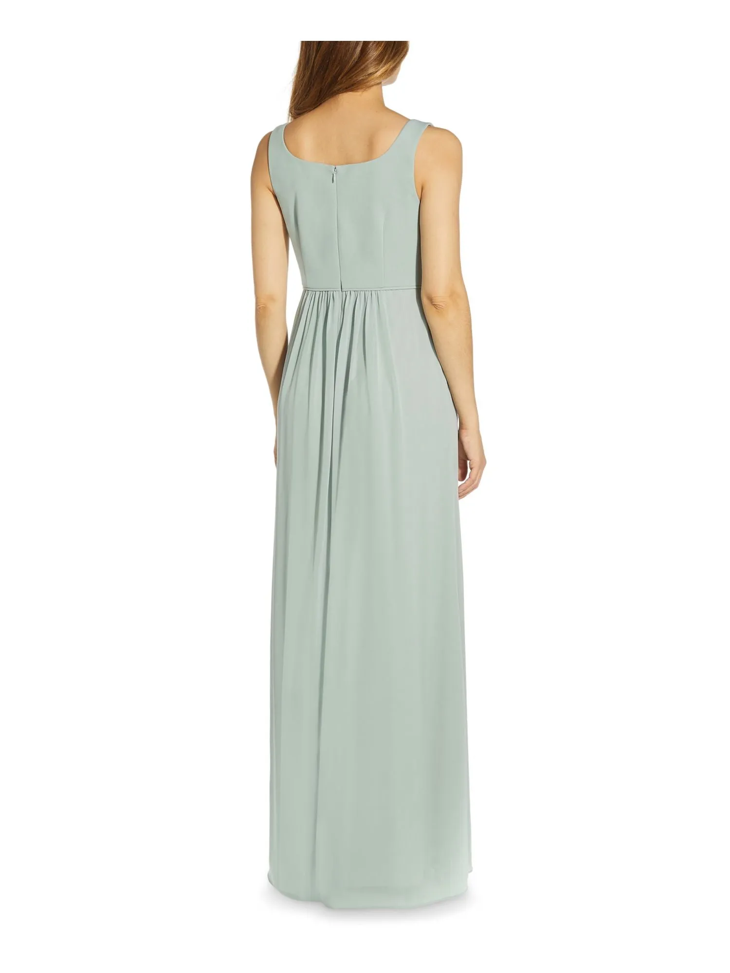 ADRIANNA PAPELL Womens Green Stretch Slitted Zippered Sheer Lined Sleeveless Square Neck Full-Length Evening Gown Dress