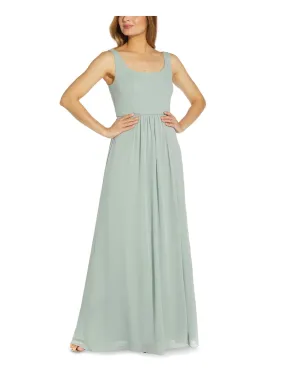 ADRIANNA PAPELL Womens Green Stretch Slitted Zippered Sheer Lined Sleeveless Square Neck Full-Length Evening Gown Dress