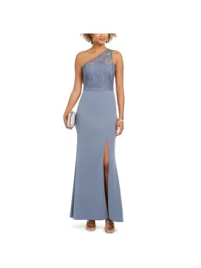 ADRIANNA PAPELL Womens Light Blue Slitted Lace Asymmetrical Neckline Full-Length Evening Dress