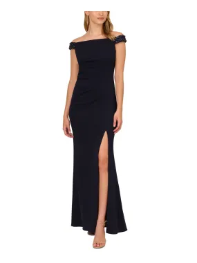 ADRIANNA PAPELL Womens Navy Embellished Zippered Slitted Pleated Lined Short Sleeve Off Shoulder Full-Length Evening Gown Dress