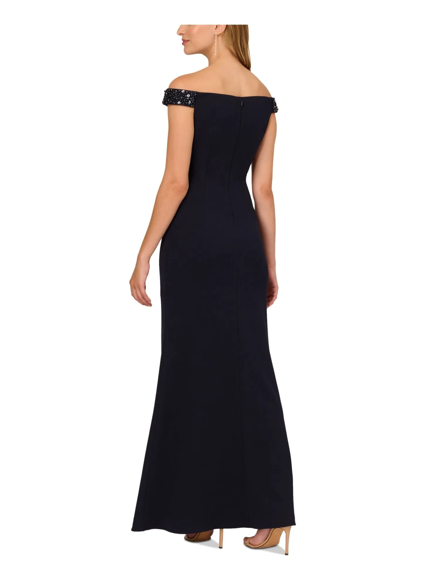 ADRIANNA PAPELL Womens Navy Embellished Zippered Slitted Pleated Lined Short Sleeve Off Shoulder Full-Length Evening Gown Dress