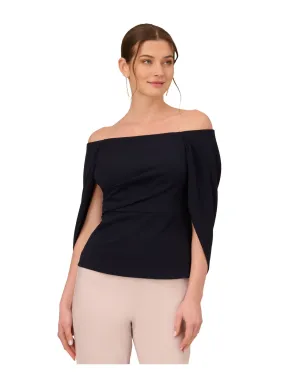 ADRIANNA PAPELL Womens Navy Zippered Cape Sleeve Off Shoulder Evening Top