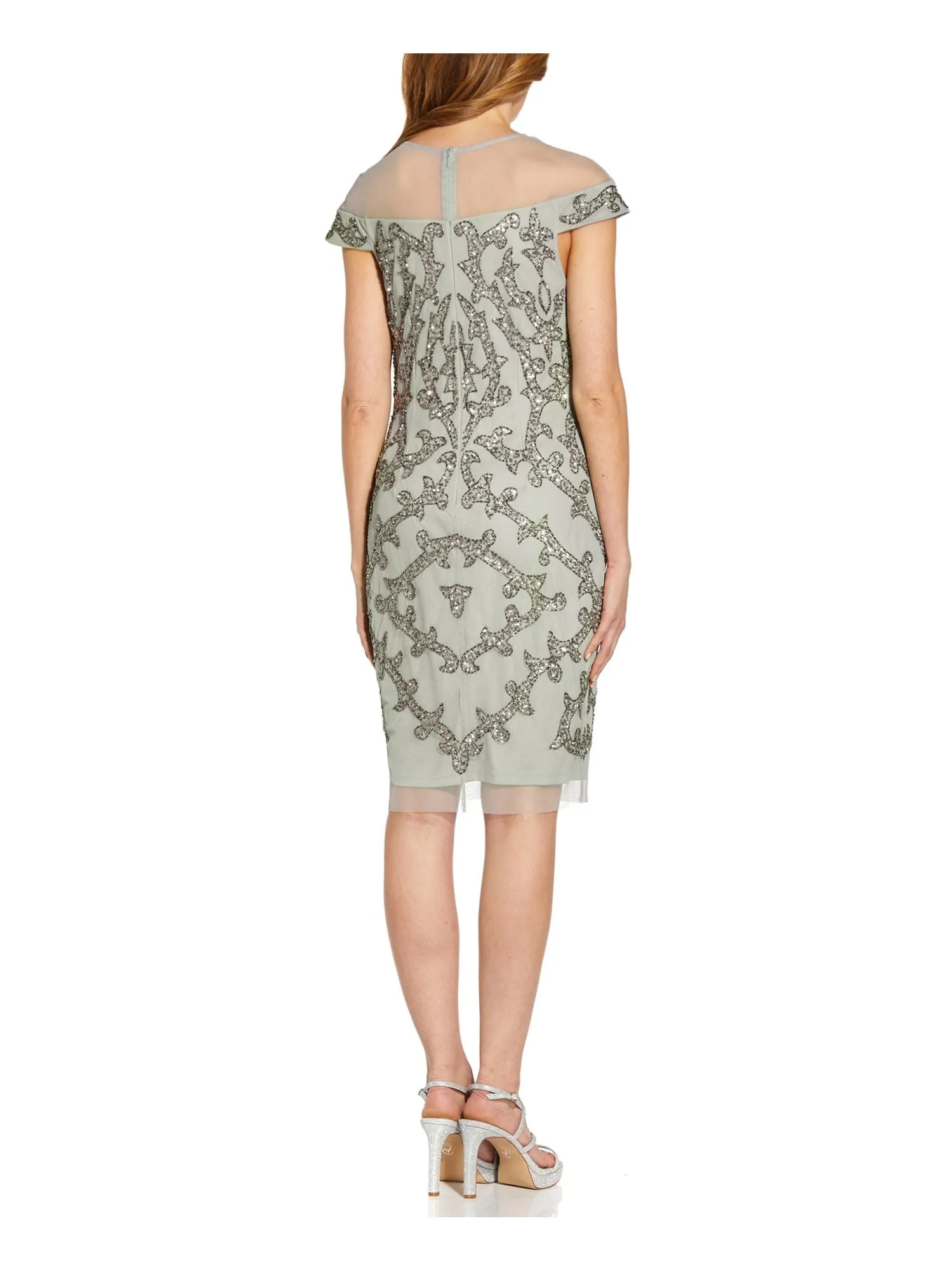 ADRIANNA PAPELL Womens Sequined Cap Sleeve Illusion Neckline Above The Knee Party Sheath Dress