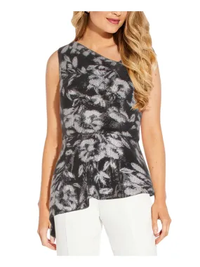 ADRIANNA PAPELL Womens Sequined Printed Sleeveless V Neck Peplum Top