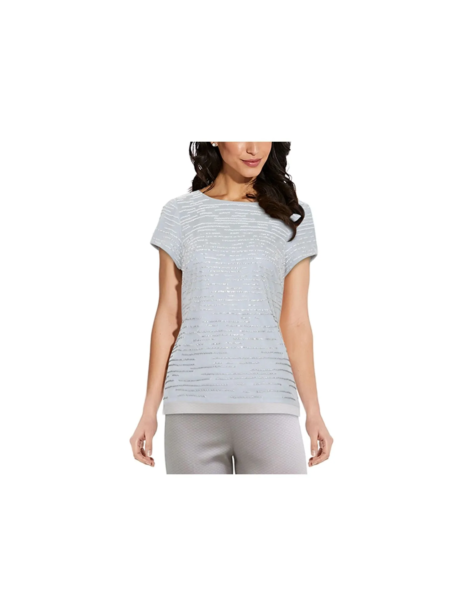 ADRIANNA PAPELL Womens Silver Sequined Zippered Printed Short Sleeve Scoop Neck Cocktail Top