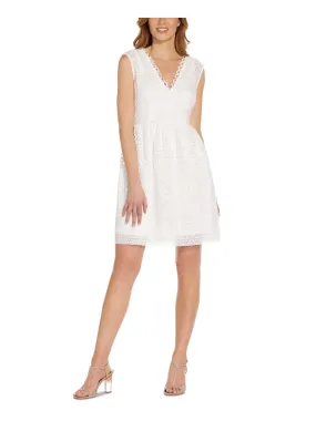 ADRIANNA PAPELL Womens White Stretch Lace Zippered Eyelet Textured Floral Sleeveless V Neck Above The Knee Sheath Dress