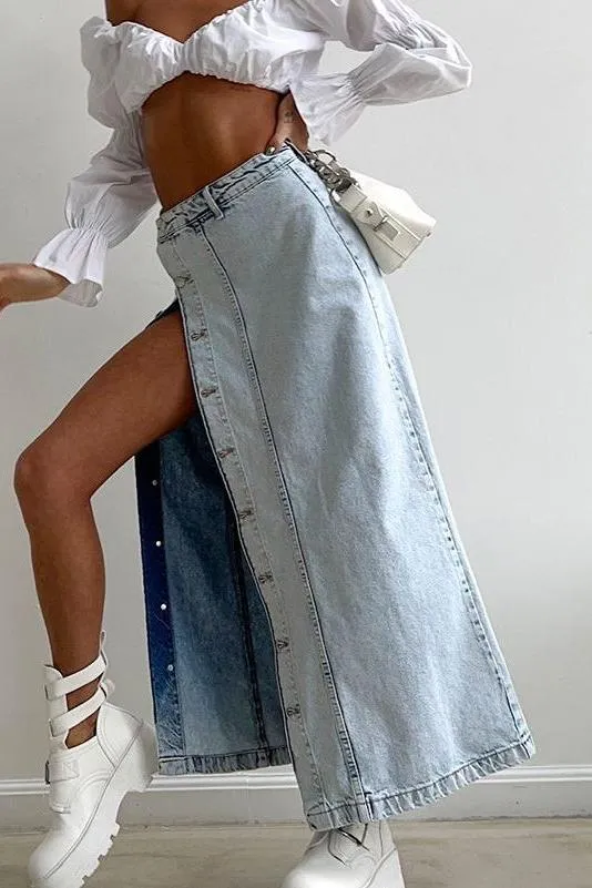 American retro slit denim long skirt