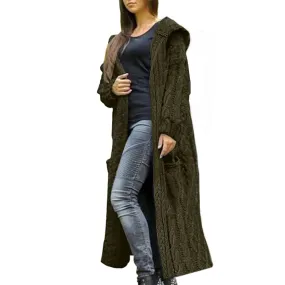 Army Green Womens Casual Long Sleeve Open Cardigan Warm Hooded Outwear Coat Cable Knit Long Cardigan Sweaters with Pockets - NIUBIA