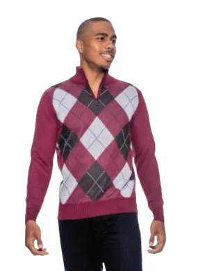 Burgundy Men's Crewneck Sweater Argyle Pattern Quarter Zip Up Long Sleeve Knit Pullover-99