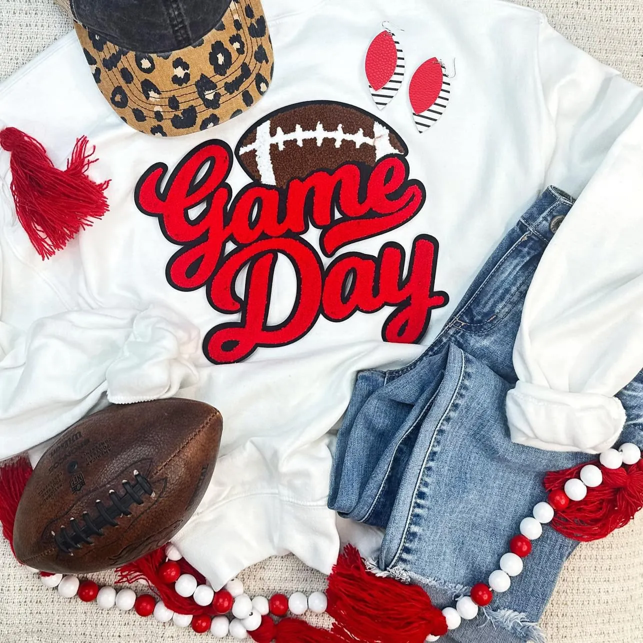 Chenille Red Game Day Football Crewneck Sweatshirt