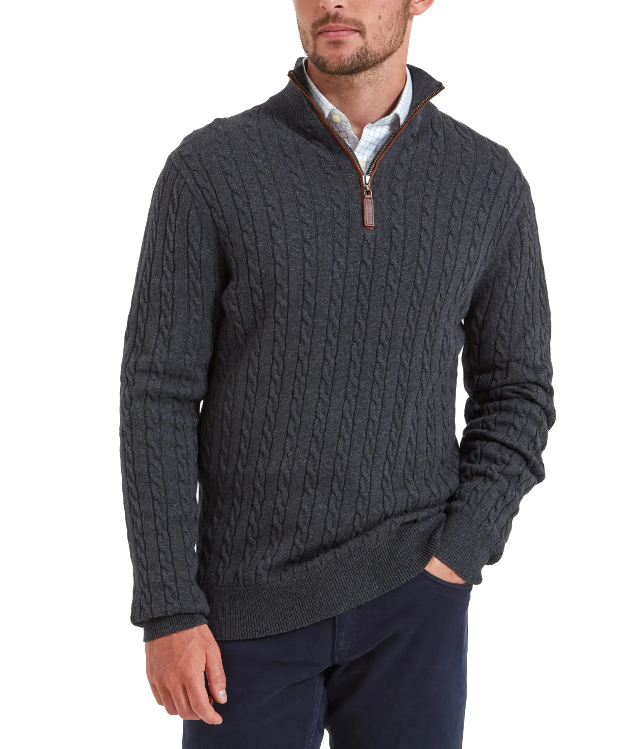 Cotton Cashmere Cable Quarter Zip Jumper - Charcoal