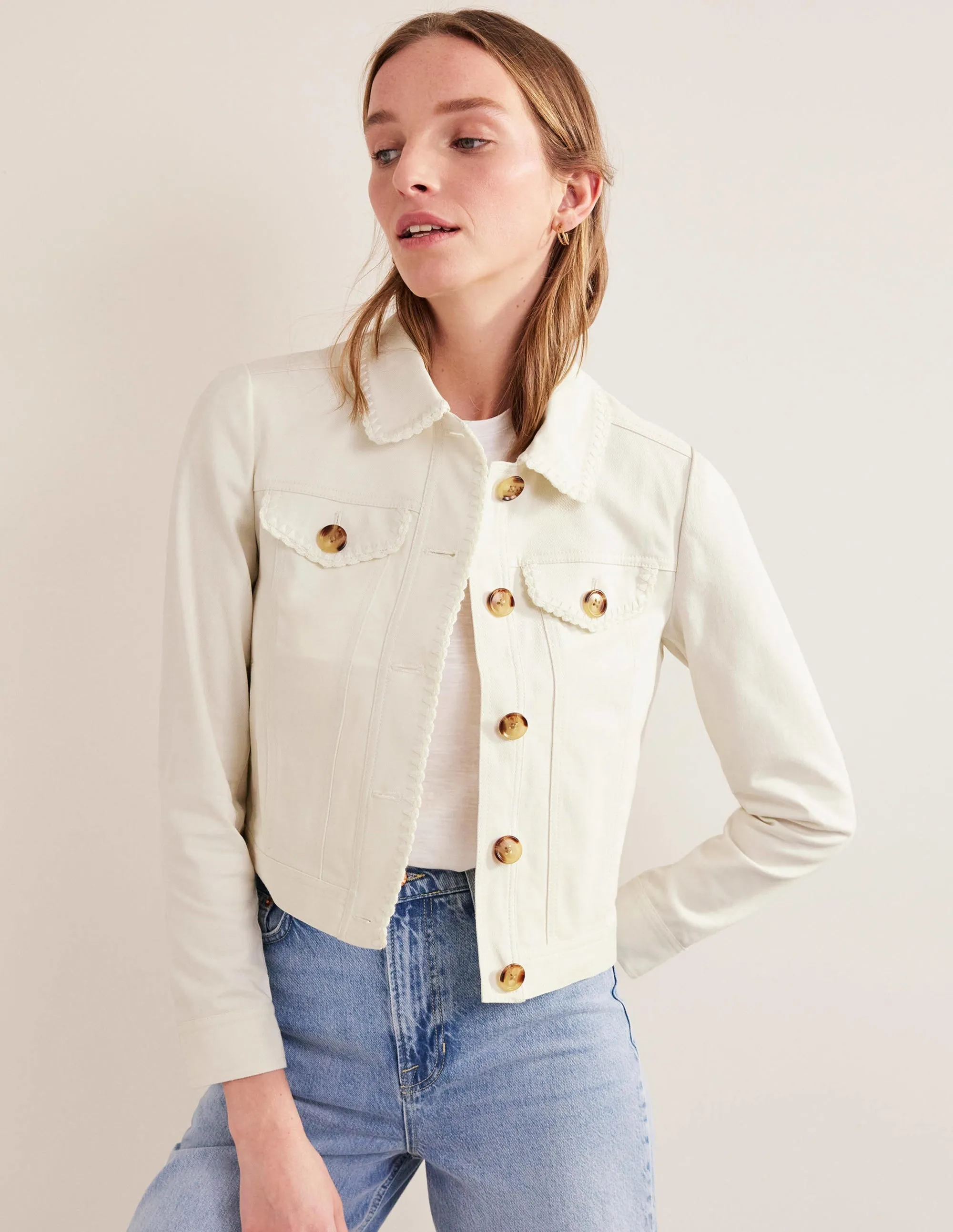 Crochet Trim Denim Jacket-Ecru