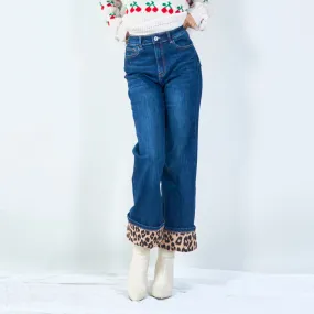 Cuffed leopard-trim denim jeans wholesale