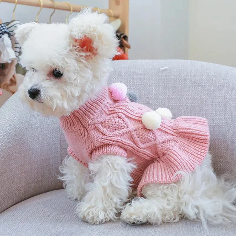 Cute Dog Sweater Dress With Bowtie Checkered Dog Clothes For Small Dogs Warm Ball Sweaters Skirt Dachshund Chihuahua Dresses