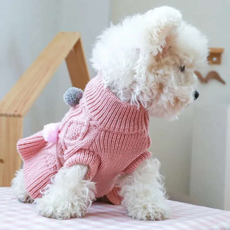 Cute Dog Sweater Dress With Bowtie Checkered Dog Clothes For Small Dogs Warm Ball Sweaters Skirt Dachshund Chihuahua Dresses