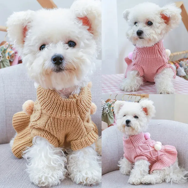 Cute Dog Sweater Dress With Bowtie Checkered Dog Clothes For Small Dogs Warm Ball Sweaters Skirt Dachshund Chihuahua Dresses