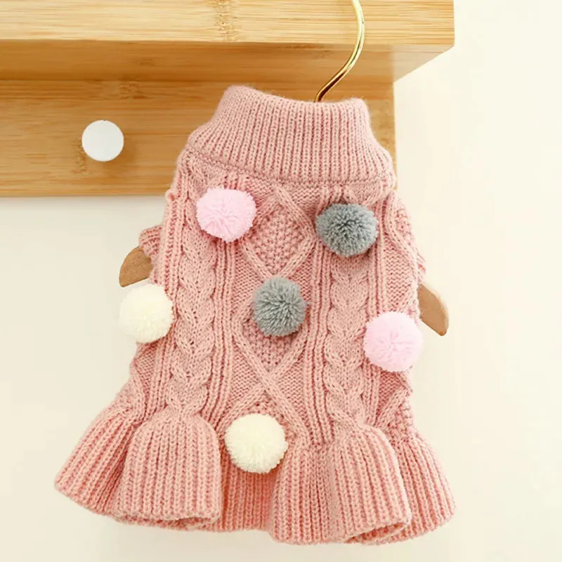 Cute Dog Sweater Dress With Bowtie Checkered Dog Clothes For Small Dogs Warm Ball Sweaters Skirt Dachshund Chihuahua Dresses