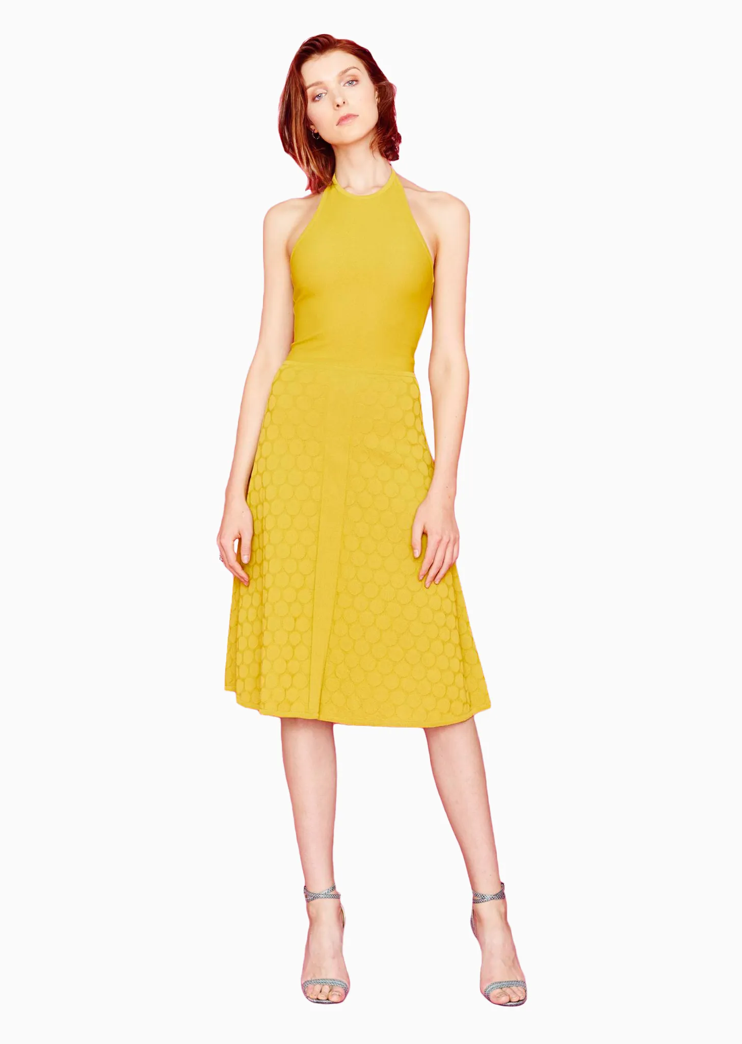 Dory - Women's Textured Chartreuse Yellow Polka Dot Midi Dress