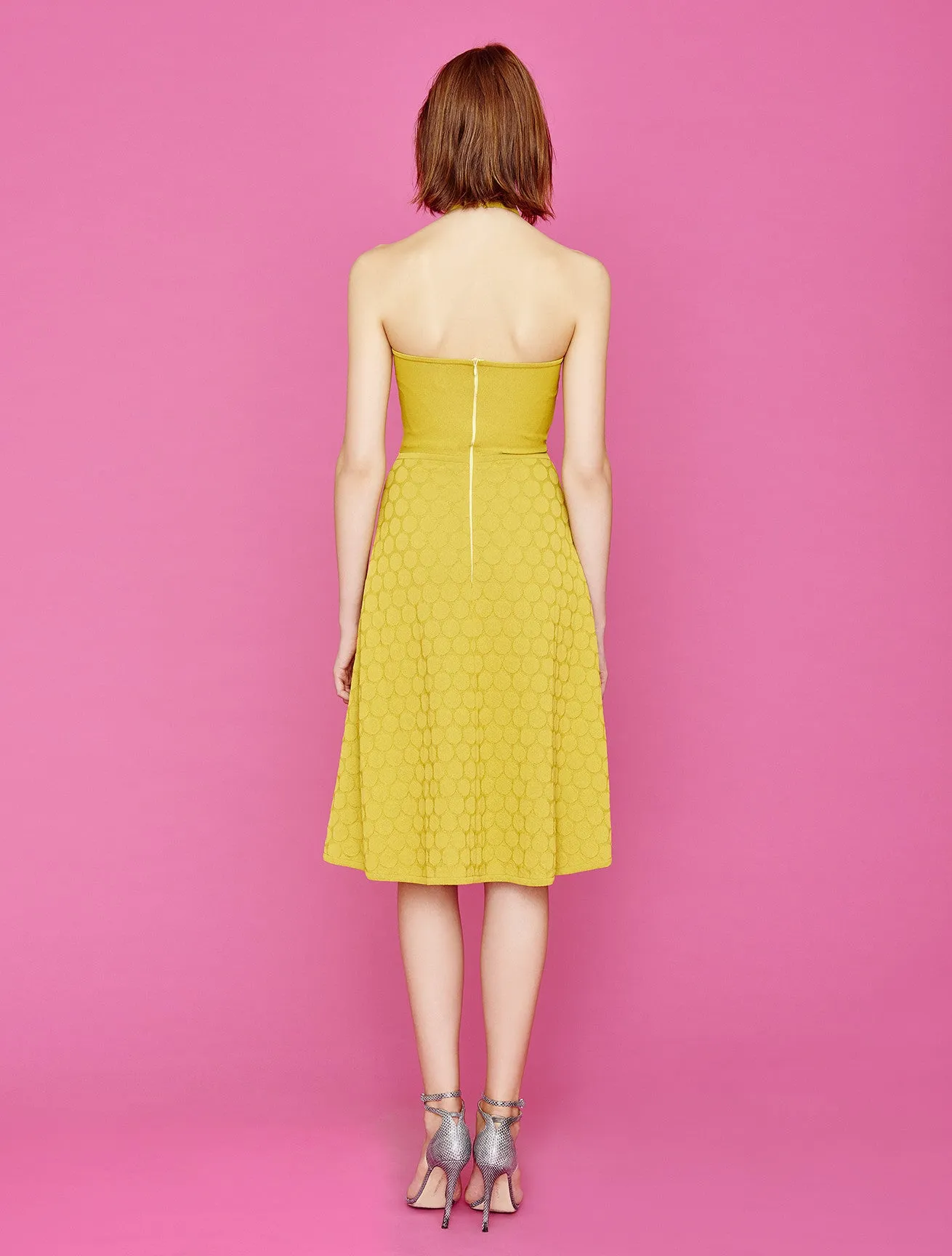 Dory - Women's Textured Chartreuse Yellow Polka Dot Midi Dress