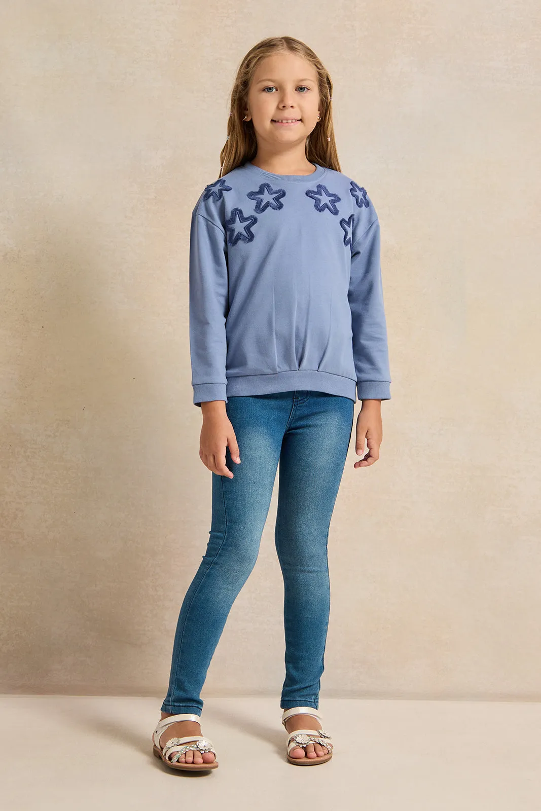 Girls Blue Star Embroidered Sweatshirt