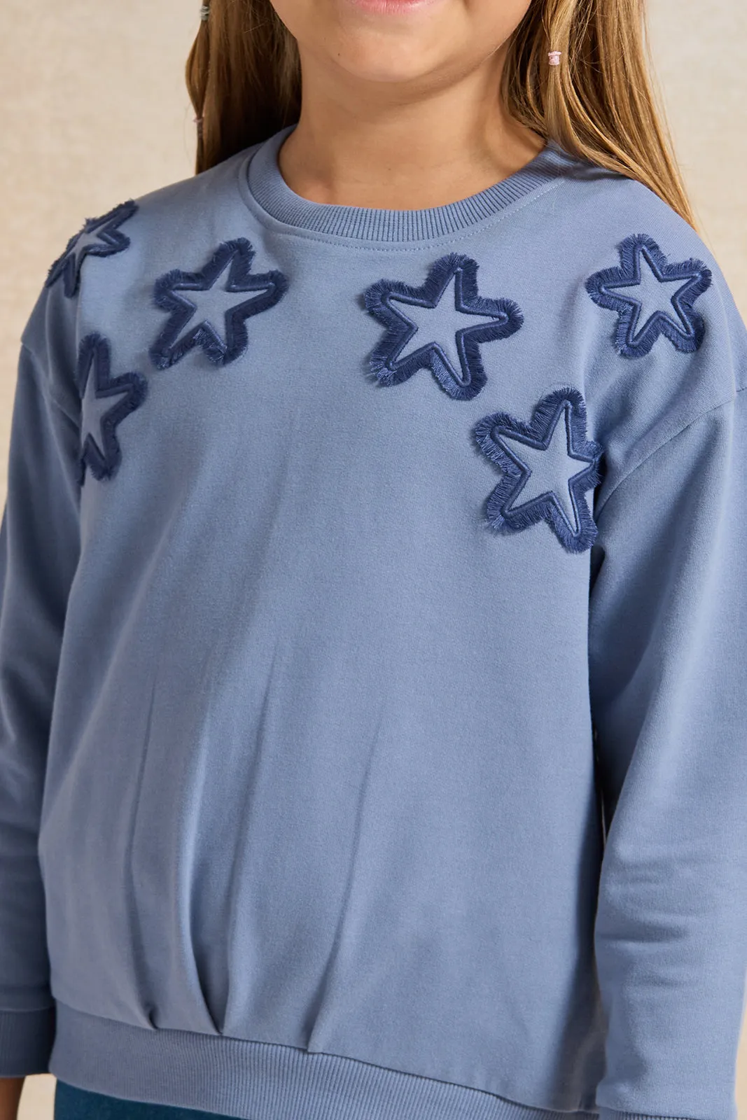 Girls Blue Star Embroidered Sweatshirt