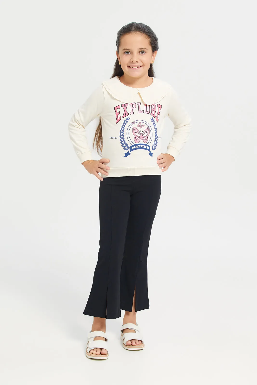 Girls Cream Collared Chest Print Sweatshirt