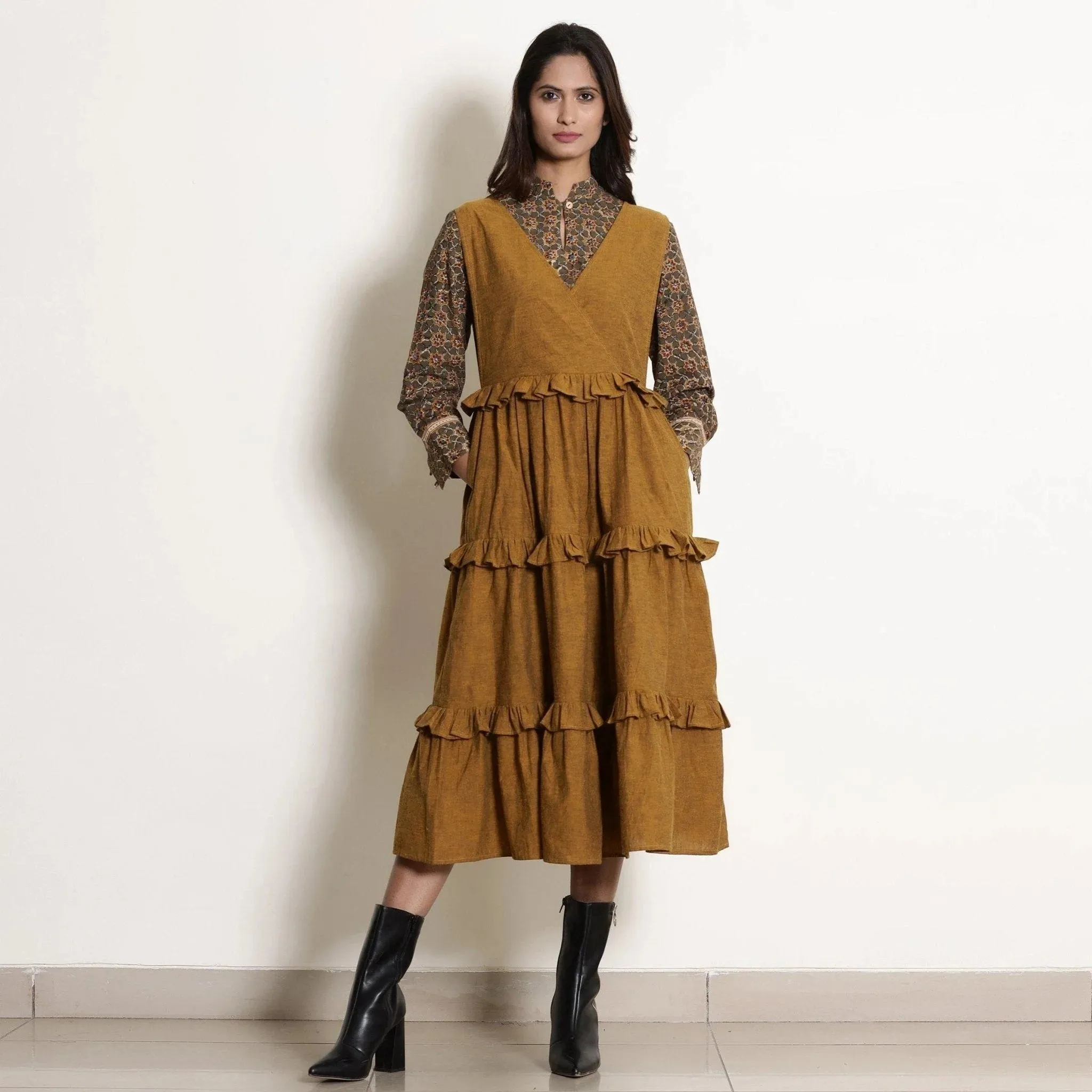 Golden Oak Cotton Pinafore Frilled Tier Dress