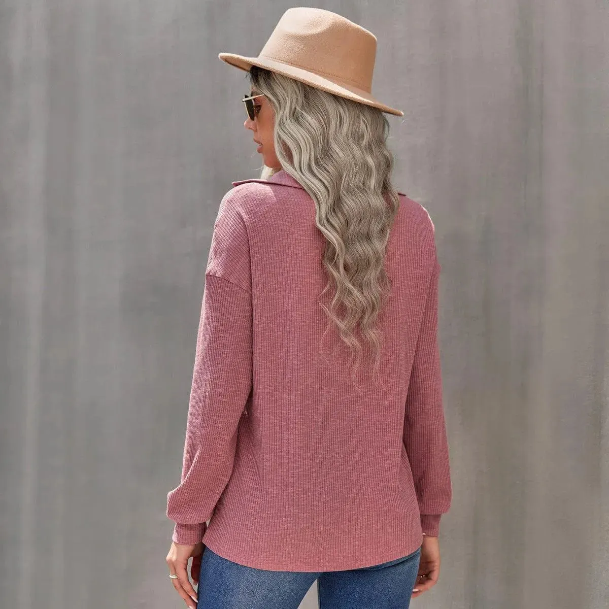 Half Zipper Up Long Sleeve Knit Pullover Top