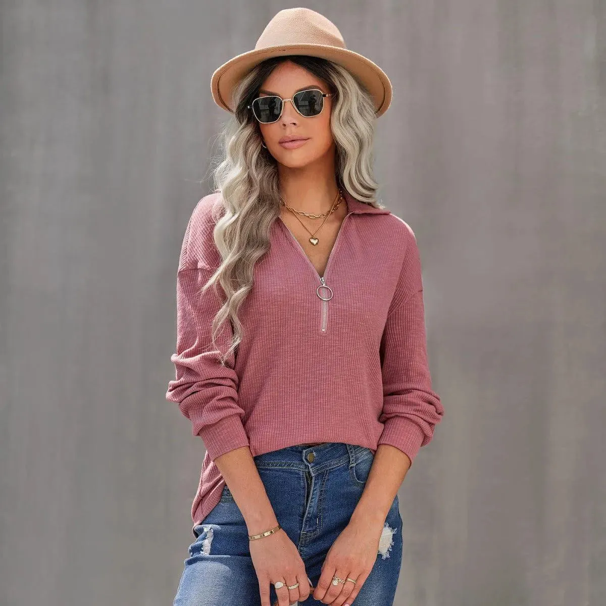 Half Zipper Up Long Sleeve Knit Pullover Top