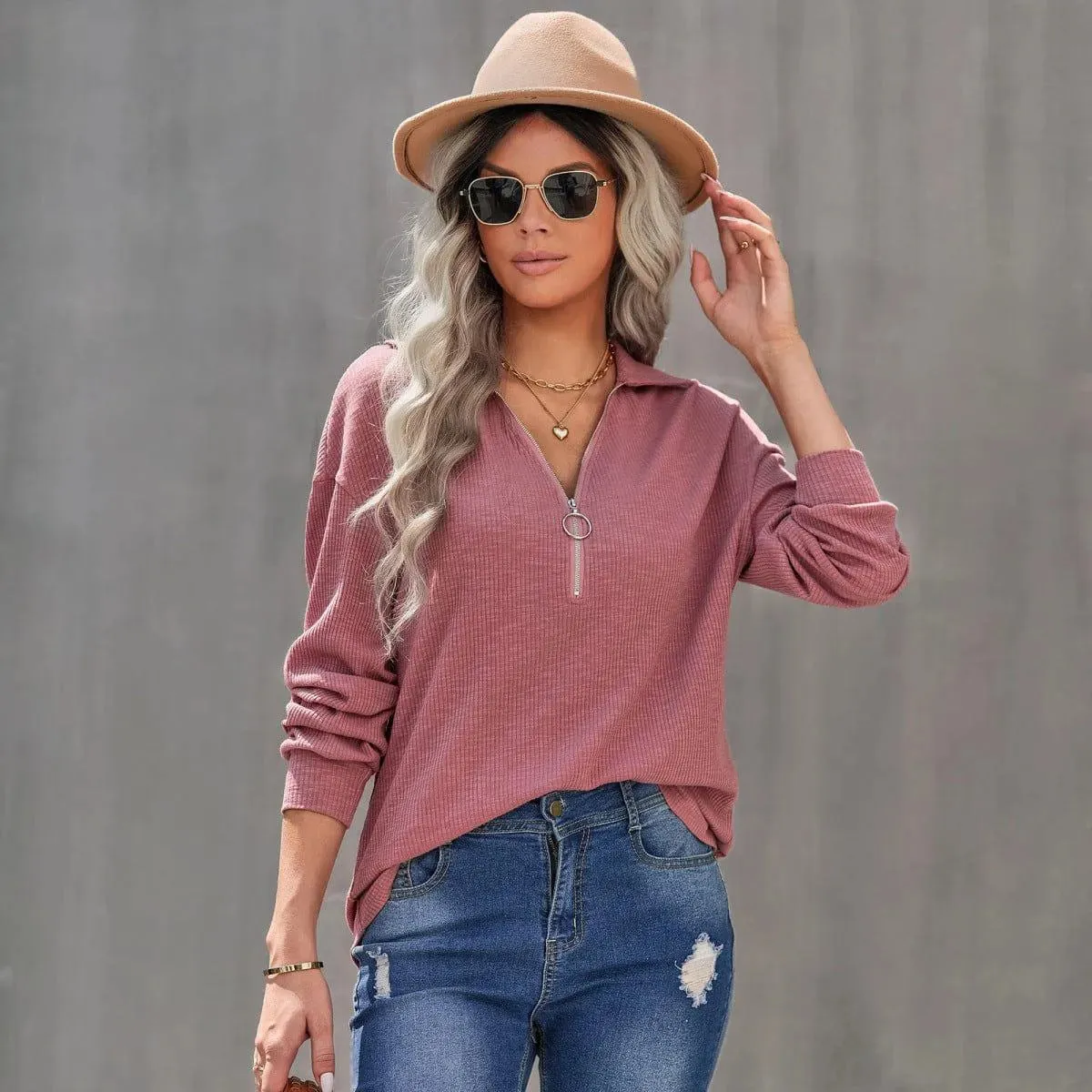 Half Zipper Up Long Sleeve Knit Pullover Top