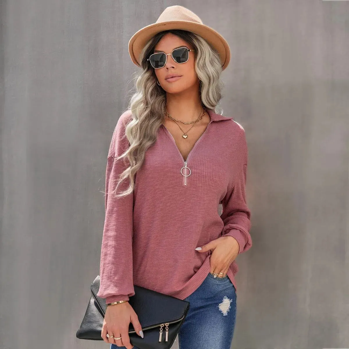 Half Zipper Up Long Sleeve Knit Pullover Top