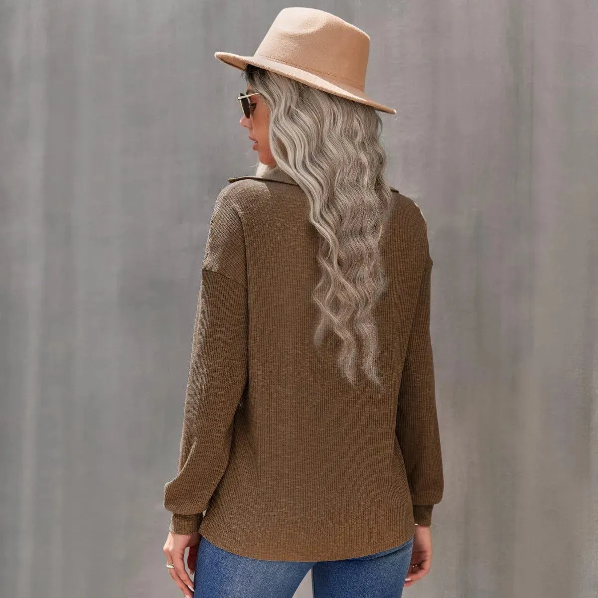 Half Zipper Up Long Sleeve Knit Pullover Top