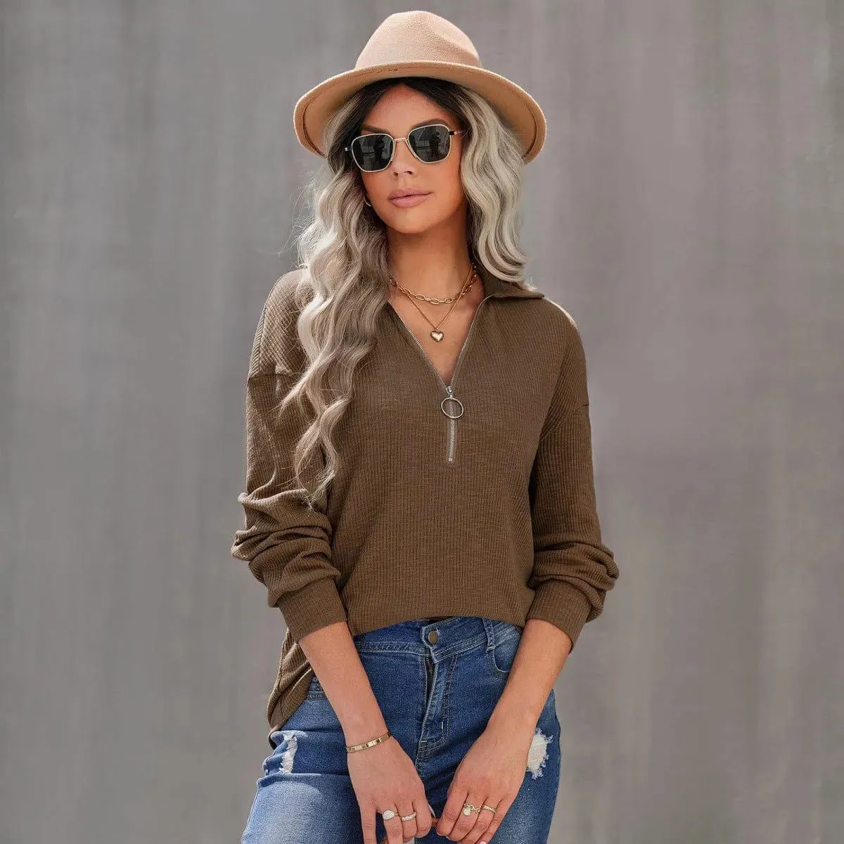 Half Zipper Up Long Sleeve Knit Pullover Top