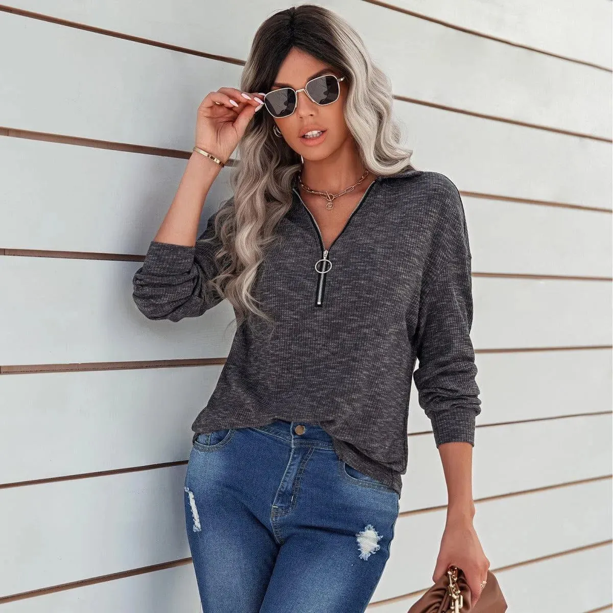 Half Zipper Up Long Sleeve Knit Pullover Top