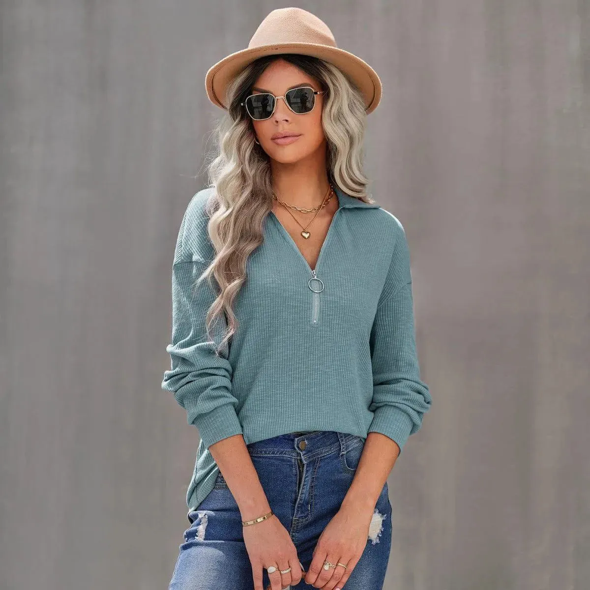 Half Zipper Up Long Sleeve Knit Pullover Top