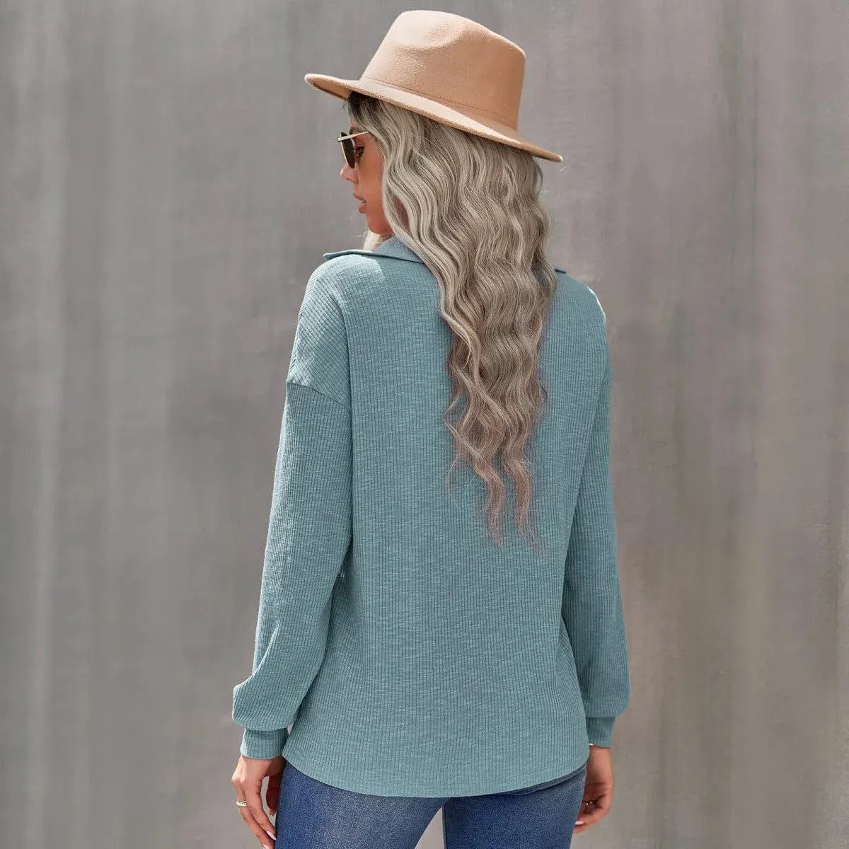 Half Zipper Up Long Sleeve Knit Pullover Top