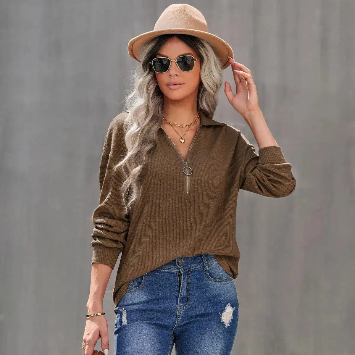 Half Zipper Up Long Sleeve Knit Pullover Top