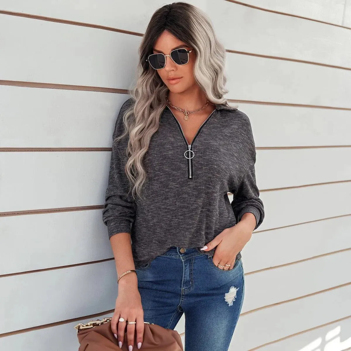 Half Zipper Up Long Sleeve Knit Pullover Top